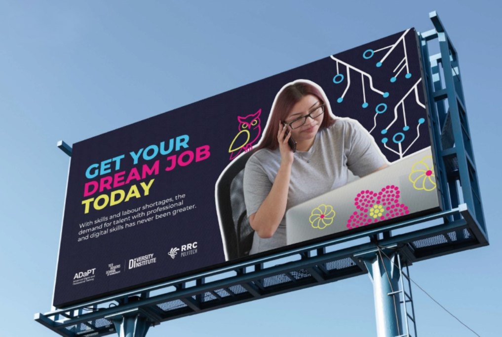a billboard with a student advertising get your dream job today