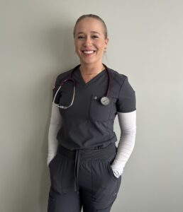 RRC Polytech Nursing student Sophie Walker, wearing medical scrubs and stethoscope