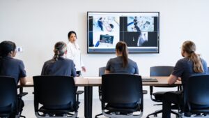 A female nursing instructor in white lab coat addresses four students seated at a table watching simulations on a video screen.