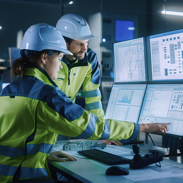 Workers in front of multiple computer screens