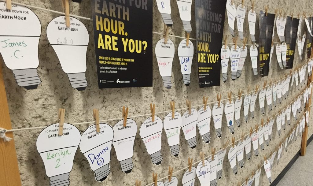 Earth Hour pledges hanging on the wall
