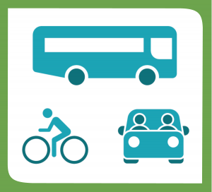 Sustainable transportation. A bus, a cyclist and a car with two people.