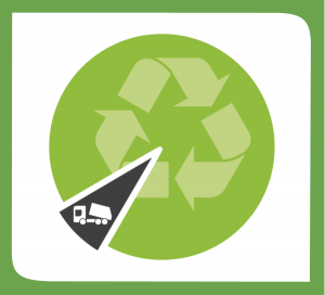 Increasing waste diverted from landfill. Pie chart with recycling symbol showing a small slice with a garbage truck.