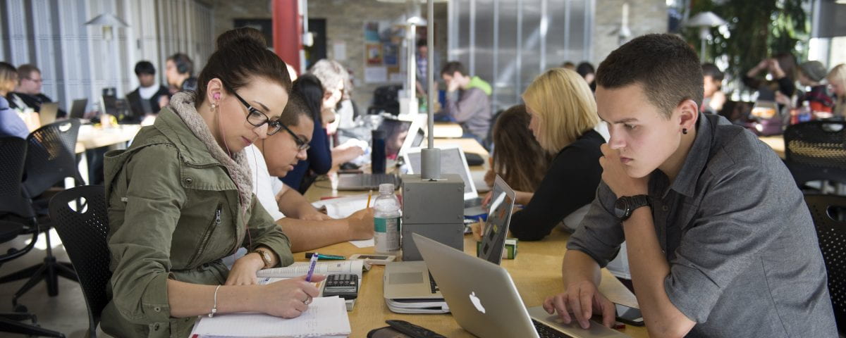 Students are pictured studying at a common table