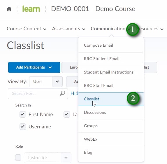Clicking Communication and Classlist in LEARN