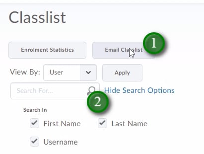 Email Classlist and Search Classlist options examples