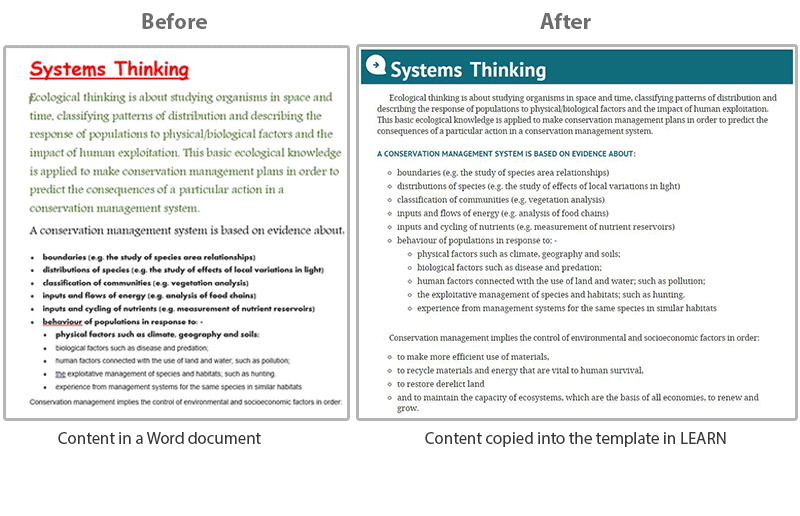 The look of a page done in Microsoft Word before and after template formatting.