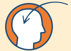 An illustration of a head with an arrow pointing to the brain