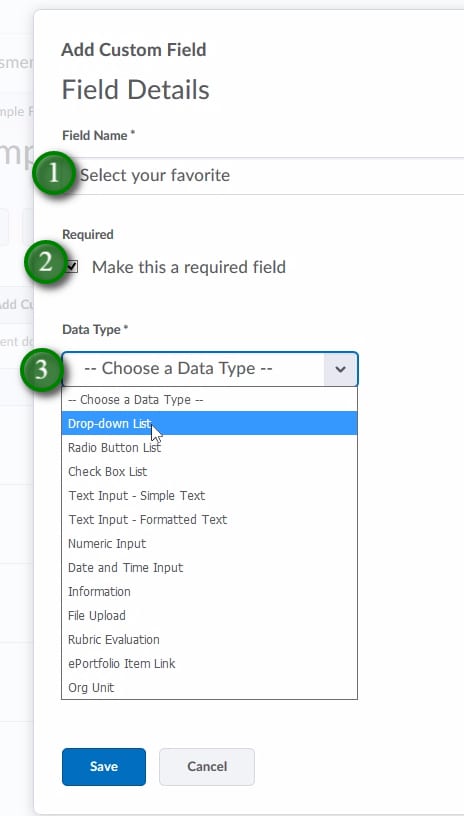 ;Give the Field a Name (1), deside if it's required or not (2), and select what Data Type you would like (3)