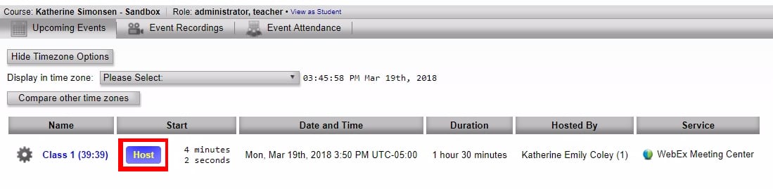 Click "Host" to start your event;When the event time comes up, go to WebEx in your LEARN course and click "Host" to begin your meeting. Your WebEx desktop client will open and students will be able to join your event.