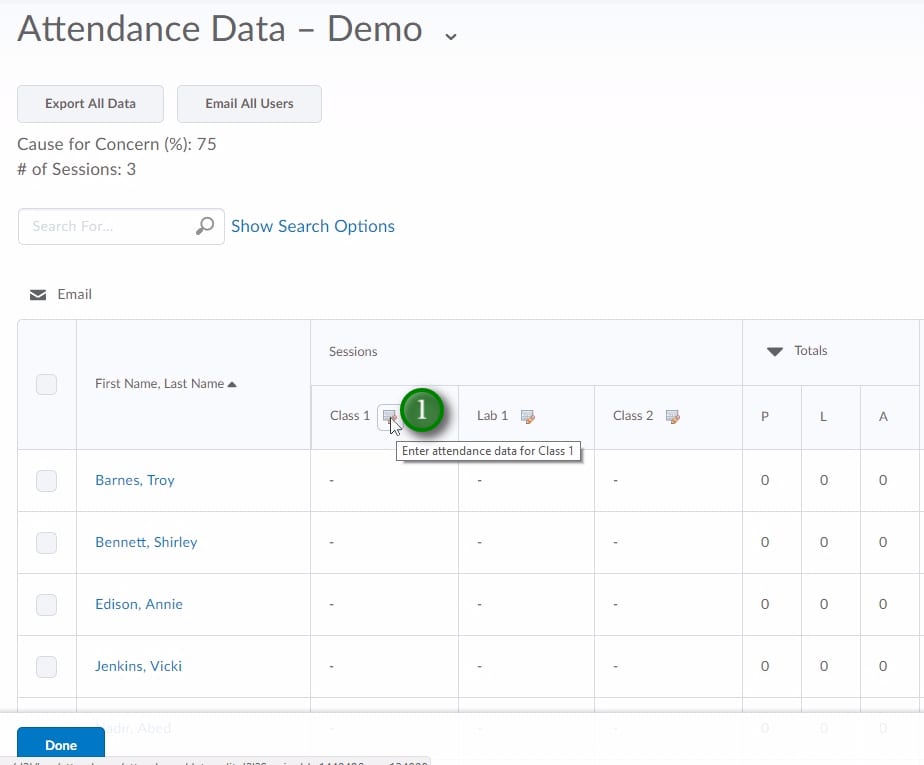;To add data for a Session click the "Enter Attandance Data" button beside the session name (1).