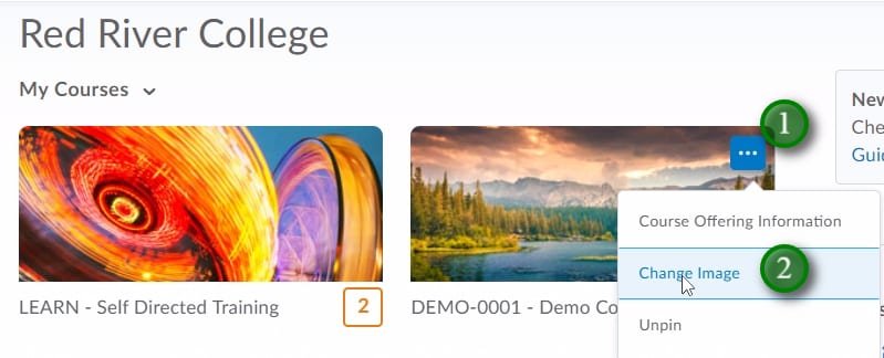 Changing a Course Image;Find the course whos image you would like to change. Hover over the course's existing image and click the "..." icon (1), then click "Change Image" (2) 