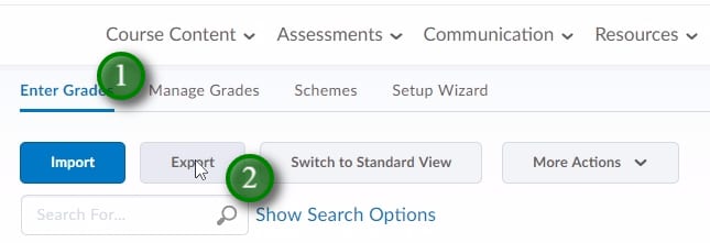 ;Click "Enter Grades" (1) and "Export" (2).