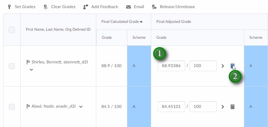 ;You can manually adjust grades in the "Final Adjusted Grade" column (1), and recalculate indevidual users grades by clicking the calculator icon (2).
