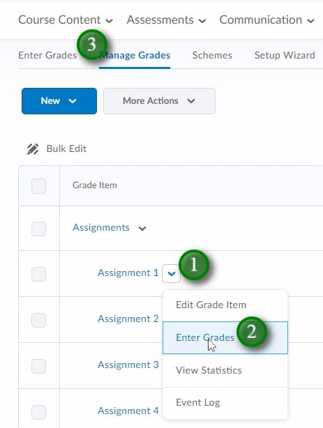 ; To add/edit grades for one grade item, click the menu beside the desired grade-item (1), click "Enter Grades" (2). You can also enter grades for multiple grade items by clicking "Enter Grades" (3)