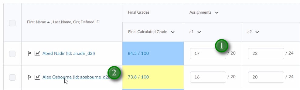 ; You can now add/edit grades (1) for the entire class and all of the grade items. You can add/edit grades for one student by clicking that students name (2).