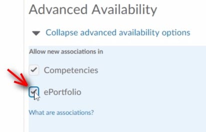 Selecting e-portfolio option in advanced availability