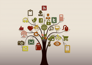 Image of tree with communication symbols scattered throughout the branches including icons for Twitter, email, smart phones, video, Facebook.