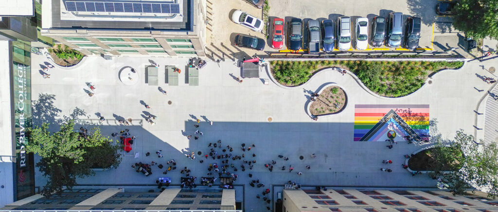 Aerial photo of the plaza at the Exchange District Campus