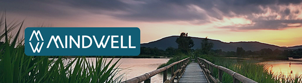 A peaceful sunset over a lake with a wooden dock and the MindWell logo.