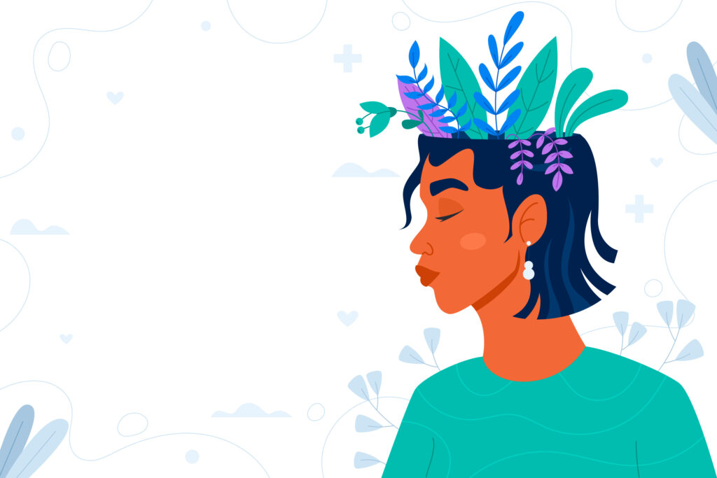 A stylized illustration of a brown skinned woman wearing a green top with green, blue, and purple leaves and flowers growing from her head.