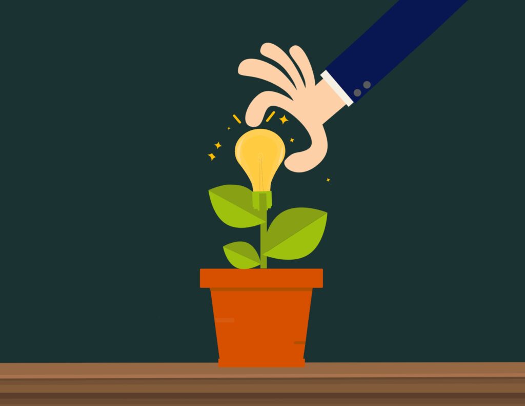 An animated photo of a lightbulb blooming from a potted plant with a hand reaching to pick it.