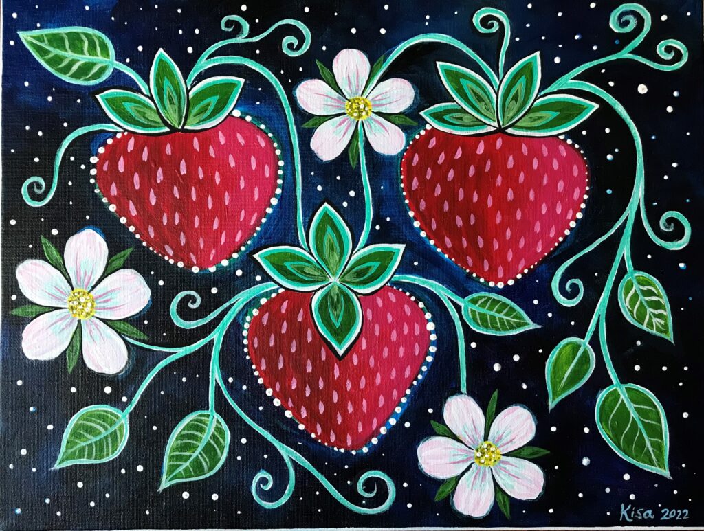 Instructor Kisa's painting of three red strawberries with vines and strawberry flowers on a dark background and white dots/stars.