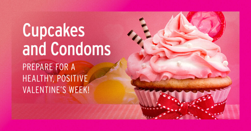 A vanilla cupcake with pink frosting and a condom. 