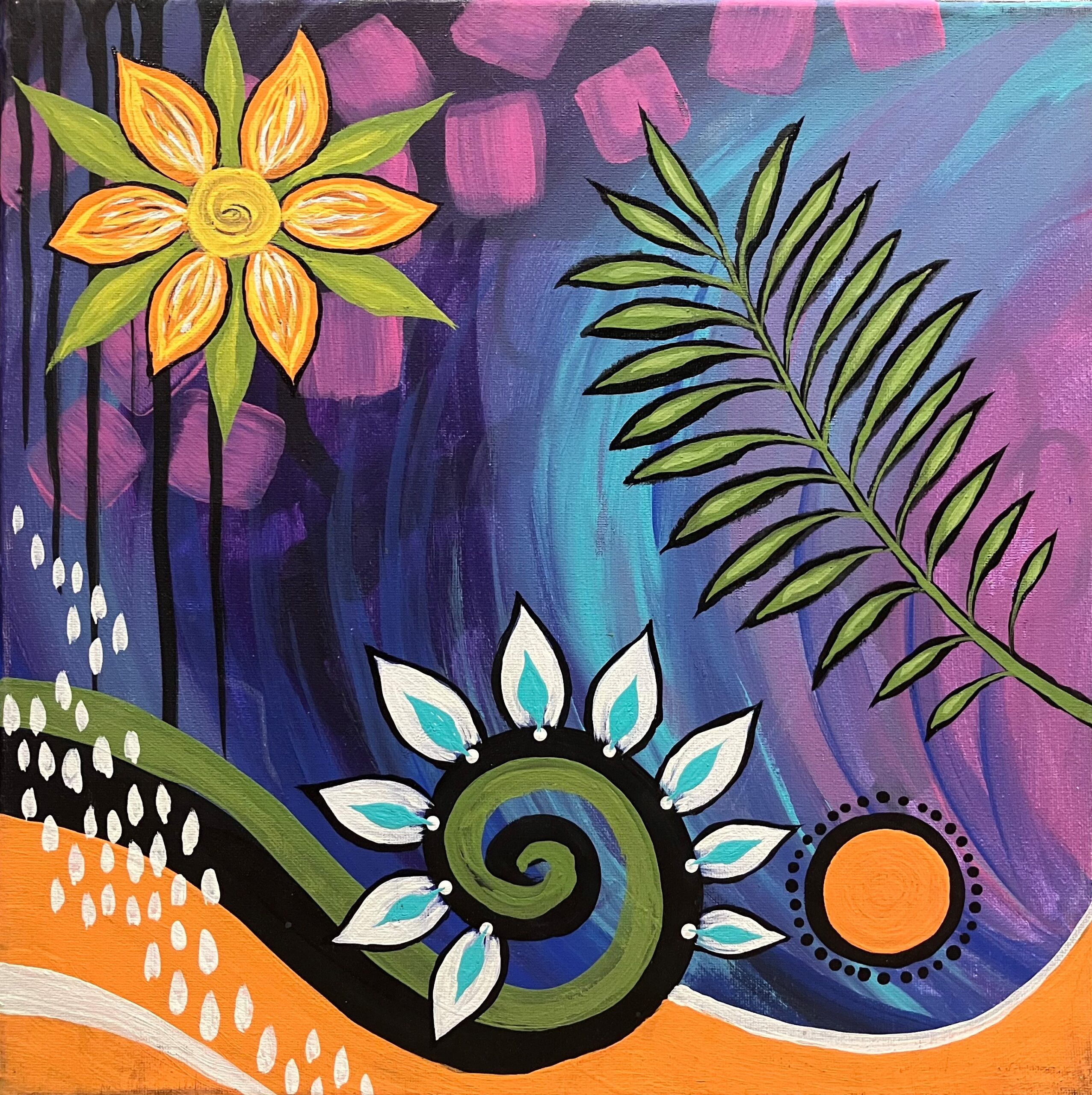 Sample 1 of a colourful painting created with stencils and other random items, with fern like spiral and other plants