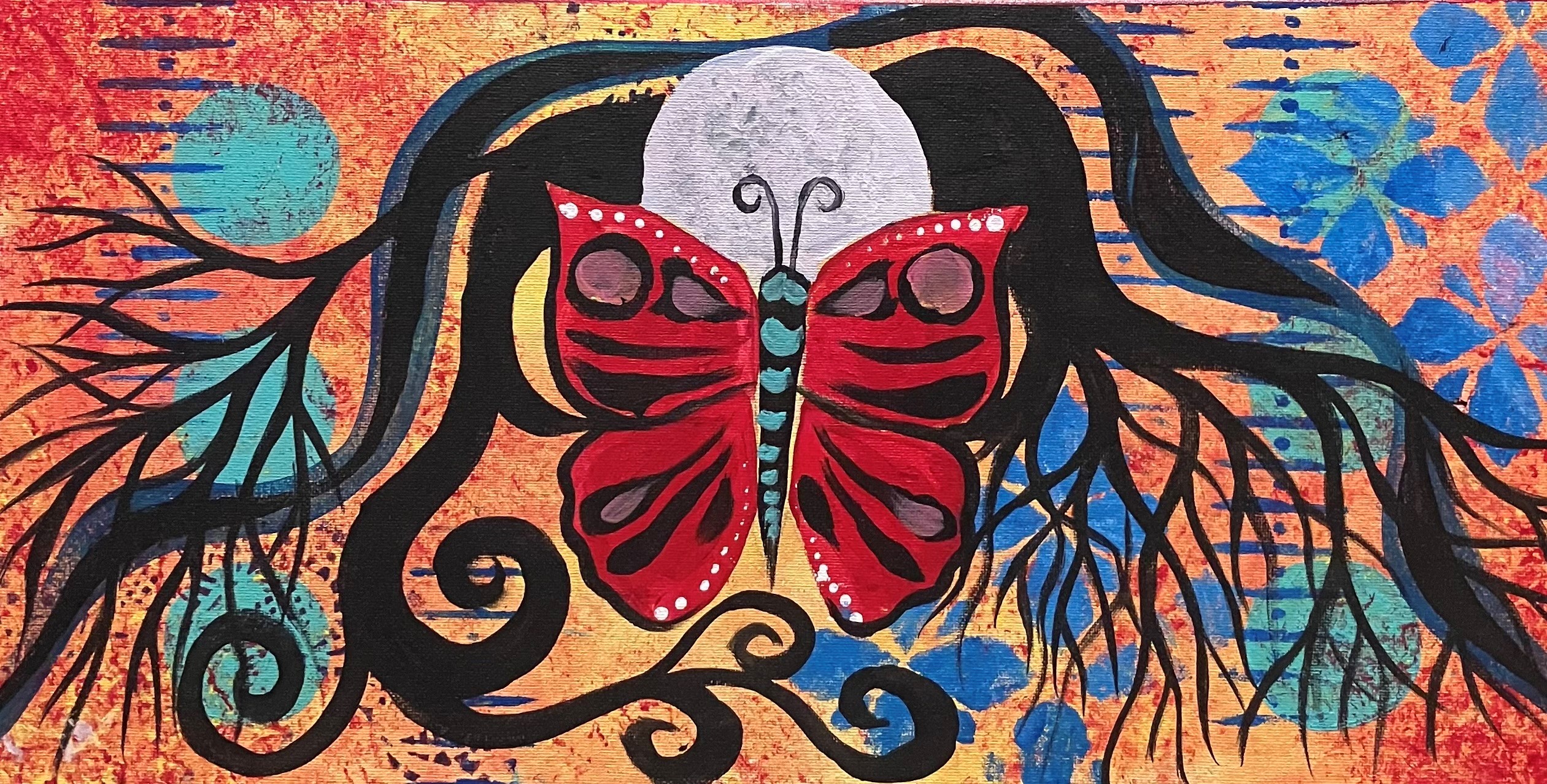 Sample 6 of a colourful painting created with stencils and other random items, with a butterfly image.