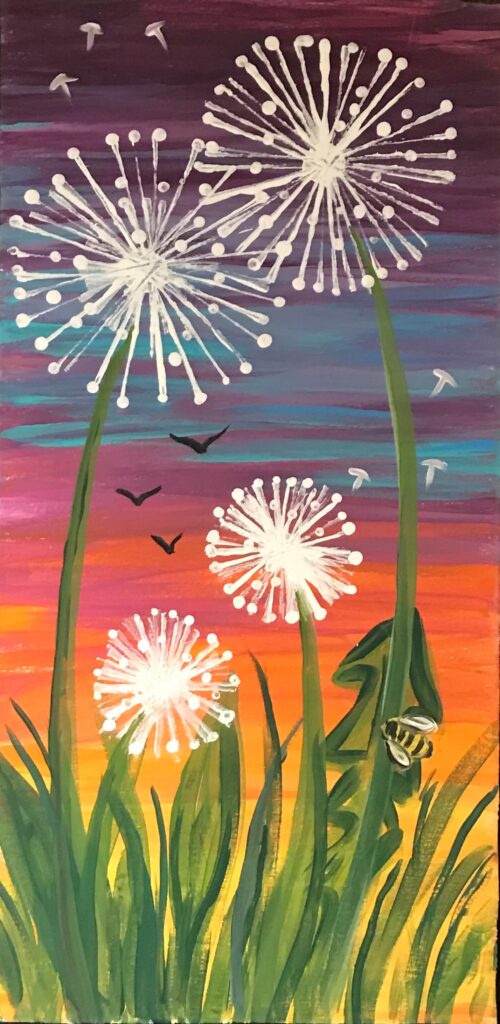 Painting with rainbow coloured background and three tall dandelion fluffs on stalks in the foreground.
