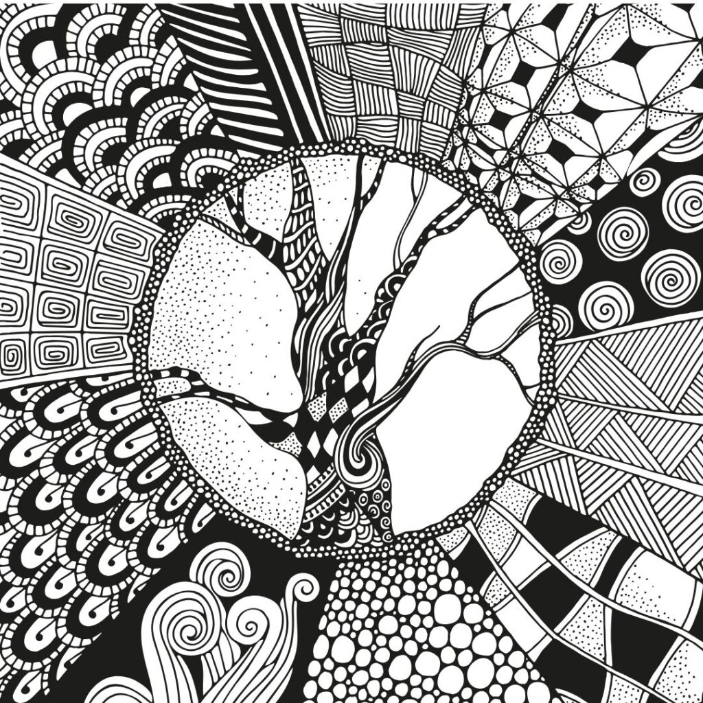Doodle of a tree with multiple geometric and looped patterns.