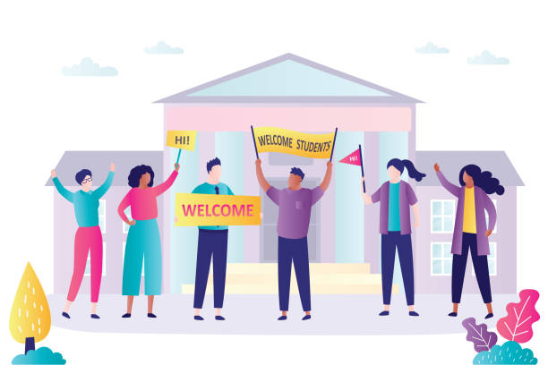 clip art photo, 5 students being welcomed to college