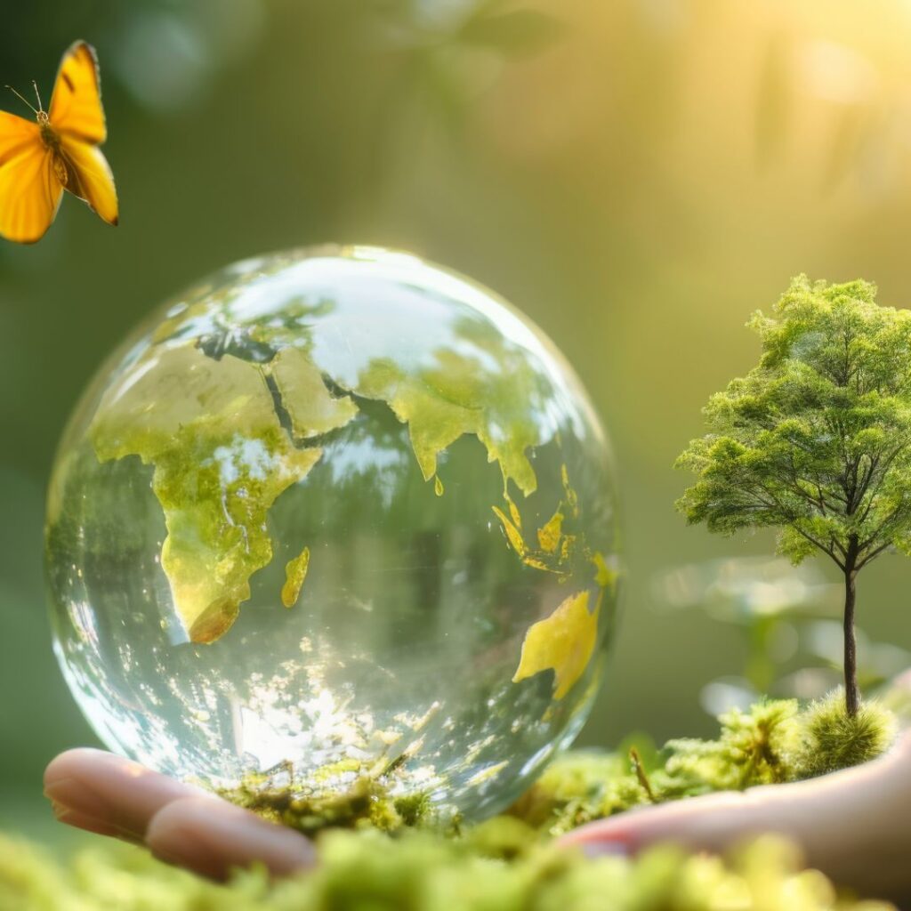 A bubble shaped like a globe sitting in someone's palm with a tree and butterfly around it. 