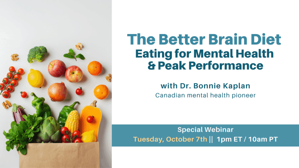 fresh fruit and veggies spilling out of a paper bag along with workshop information. 