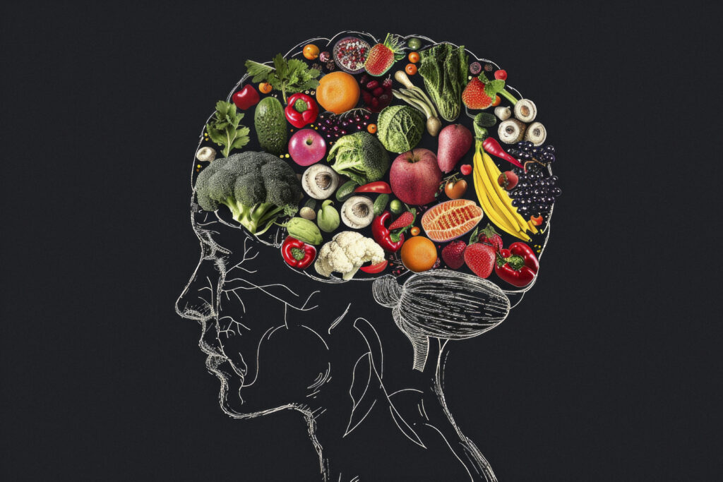 outline of a human head with fruit and vegetables to represent the brain