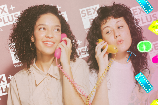 two females speaking on corded phones with sex plus week logo in the background. 