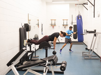 gym user in loft at North gym using back extension machine. Another person is using the boxing bag.