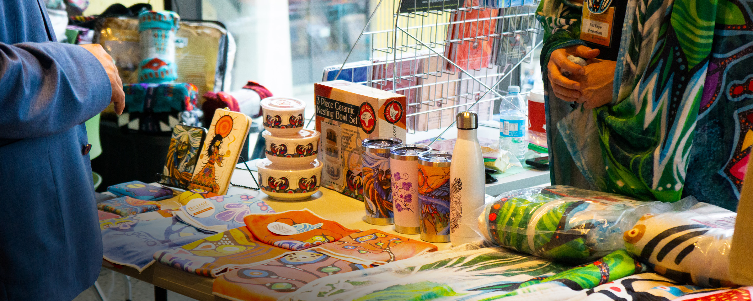 Close-up of table stocked with Indigenous crafts and keepsakes.